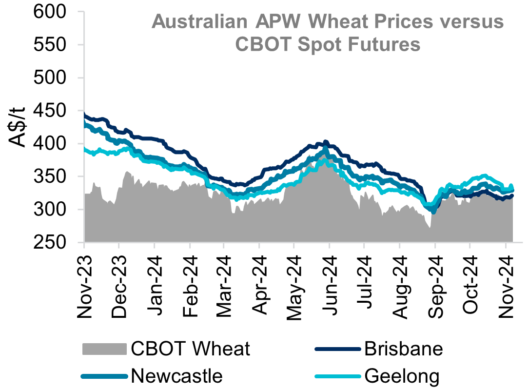 A graph showing Australian APW and CBOT spot futures wheat prices. Wheat prices have been mixed over the past month as harvest unfolds. Queensland markets slightly firmer as harvest pressure subsides. Victoria an South Australia in a holding pattern as markets await further direction from harvest results.