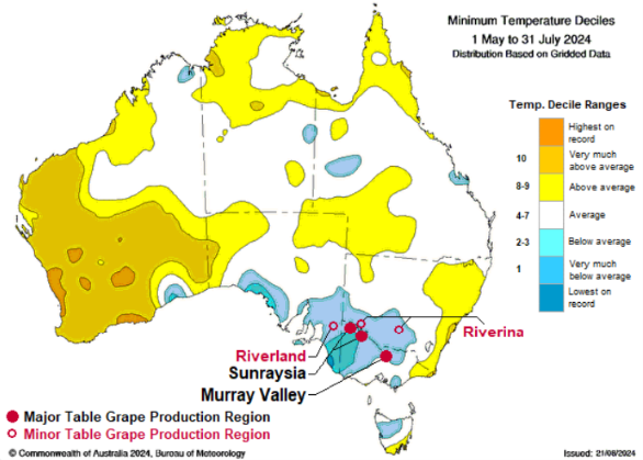 An image showing the minimum temperature ranges from 1 May – 31 July 2024. 