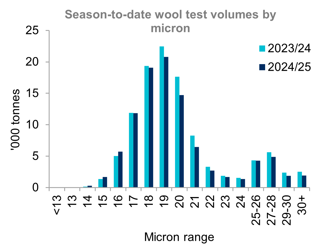 A graph showing the volume of wool tested between July and September in the past two years by micron. Most Australian wool is between 17-21 micron. There has been a decline in the volume of wool in this micron range in 2024/25 compared to the prior year.